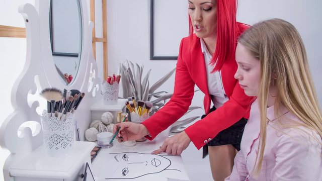 A make up artist draws a picture and shows her client how to properly draw eyebrows according to the shape of someone's face.