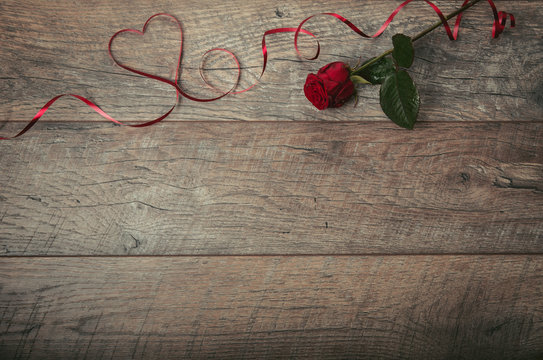 Valentines day background. Valentines day table place setting Wooden table with copy space