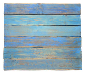 Grunge blue wood board isolated on white background. Surface of aged blue wooden planks, top view.