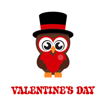 cartoon cute owl in hat with heart and text