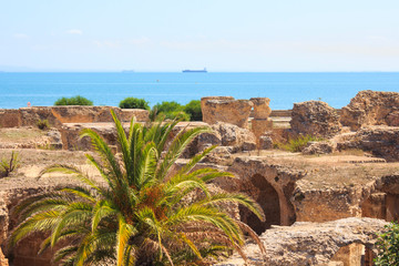 Ancient ruins of Carthage overlooking the Mediterranean Sea, Tunisia.