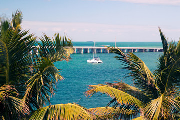 View through the tropical palm trees to the blue lagoon with docked yachting boat, 12 miles bridge on background, sunny bay of the Bahia Honda at the Florida Keys