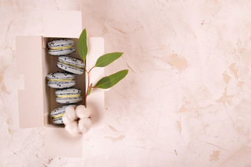 French blueberry macarons dessert buiscits on wooden white pink textured background