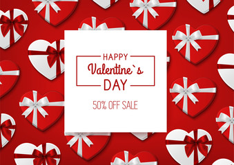Valentine s day sale. Red background with gift boxes. Vector