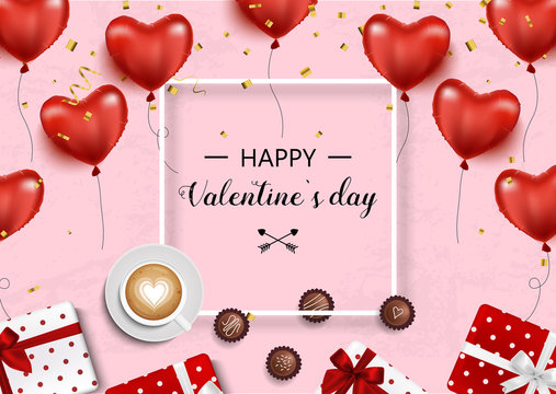 Valentines day. Vector background with hearts, gift boxes, confetti, bow and ribbon, coffee and chocolate