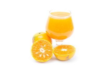 Orange juice in glass and ripe shogun orange isolated on white background.