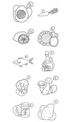 healthy lifestyle, a set of 10 icons, healthy food, vector image, doodles style