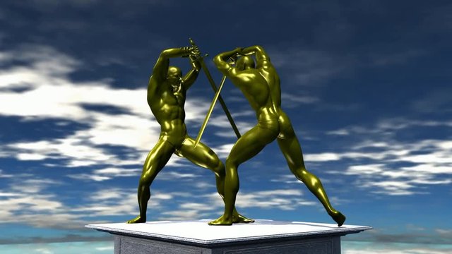 Statue in metallo. Combattimento con spade su uno sfondo di nuvole aimate.