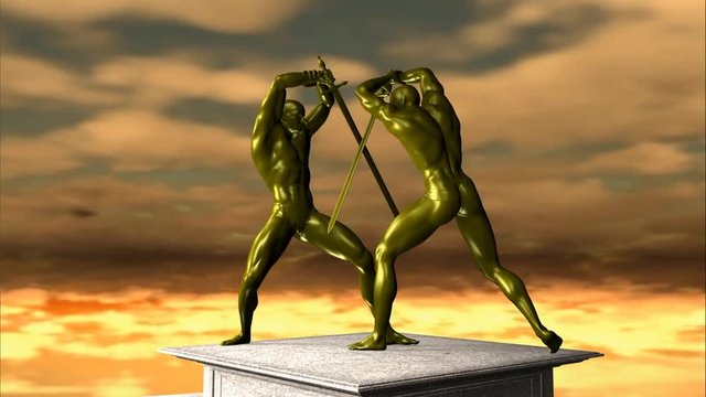 Statue in metallo. Combattimento con spade su uno sfondo di nuvole aimate.