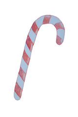 Delicious candy in the form of a cane with stripes painted in watercolor on a white background