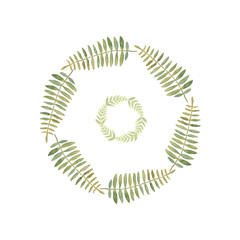 Beautiful abstract green leaves painted with watercolor make up a round decorative frame with a white background