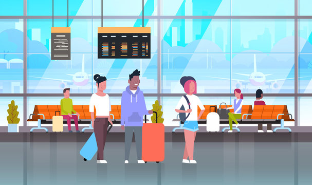 Passangers In Airport With Baggage At Waiting Hall Or Departure Lounge Flat Vector Illustration