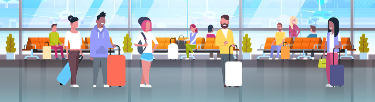 People In Airport Travelers With Baggage At Waiting Hall Or Departure Lounge Terminal Horizontal Banner Flat Vector Illustration
