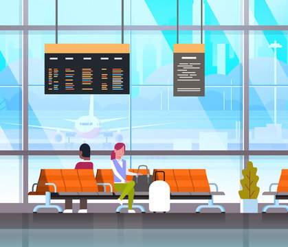 People Waiting For Takeoff In Airport Hall Or Departure Lounge Passangers Terminal Check In Interior Flat Vector Illustration
