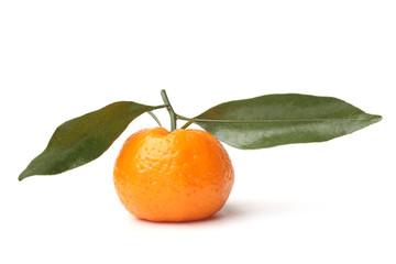 Ripe tangerine with green leaves