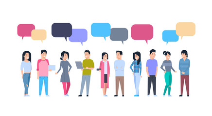 Fototapeta premium Young Asian Men And Women Group With Chat Bubbles Chinese Or Japanese Male And Female People Full Length Communication Concept Vector Illustration