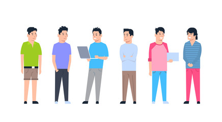 Obraz premium Young Asian Men Icons Set Chinese Or Japanese Male Wearing Casual Clothes Full Length Isolated Collection Vector Illustration
