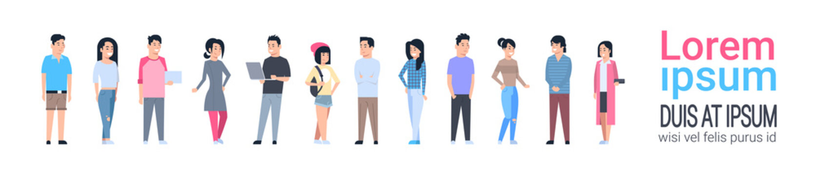 Young Asian Men And Women Icons Set Chinese Or Japanese Male And Female Full Length Isolated Vector Illustration