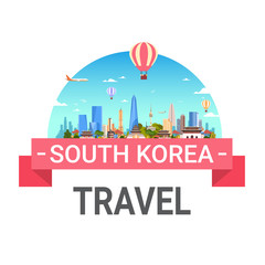 South Korea Travel Poster Seoul Landscape Skyline View With Skyscrapers And Famous Landmarks Tourism Label Design Vector Illustration