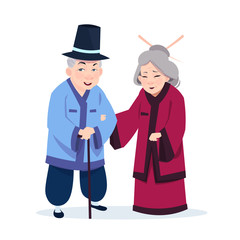 Senior Asian Couple Wearing Traditional Costumes Old Man And Woman On White Background Vector Illustration