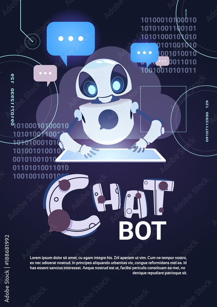 Poster chatbot robot technology, chatterbot using digital tablet virtual assistance and web support concept
