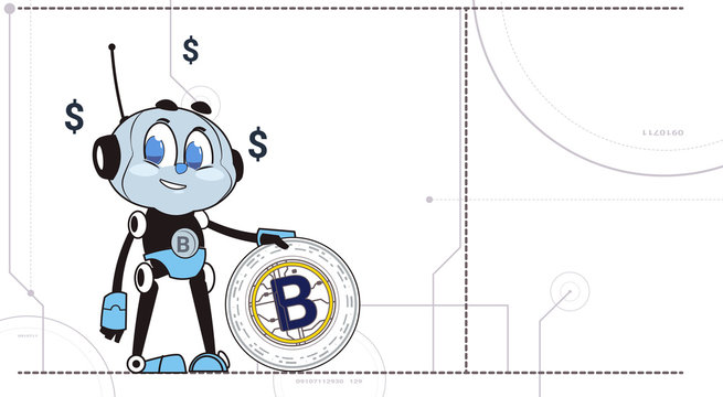 Chatbot Hold Bitcoin Robots and Crypto Currency Mining Technology Cryptobot Concept Flat Vector Illustration