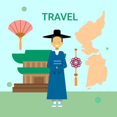 Man Wearing National Korean Dress Over South Korea Map And Temple Or Palace Building Background Vector Illustration