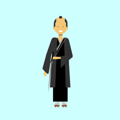 Obraz na płótnie Canvas Japanese Samurai Man In Black Kimono Traditional Male Japan Dress Flat Vector Illustration