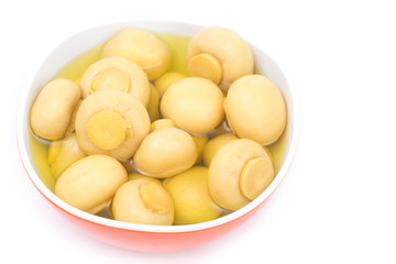 whole champignon mushrooms in brine isolated on white background
