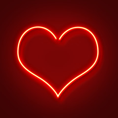 Red neon glowing heart shape, Valentines day background