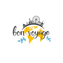 Fototapeta premium Bon Voyage Travel Icon Hand Drawn Lettering Tourism Adventure Concept Vector Illustration
