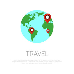 Map Pointers On Globe Over Template White Background with Copy Space Travel Around World Concept Vector Illustration