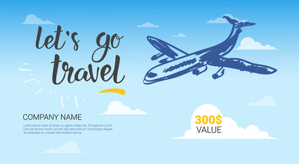 Travel Company Template Banner Airplane Flying In Sky Background Tourist Agency Flyer Vector Illustration