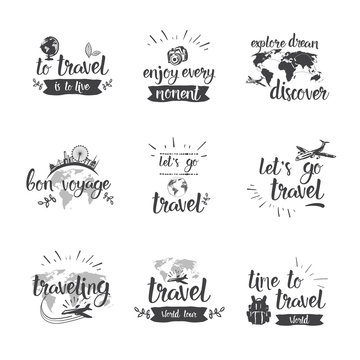 Travel Quotes Icon Set Hand Drawn Lettering Tourism And Adventure Concept Vector Illustration