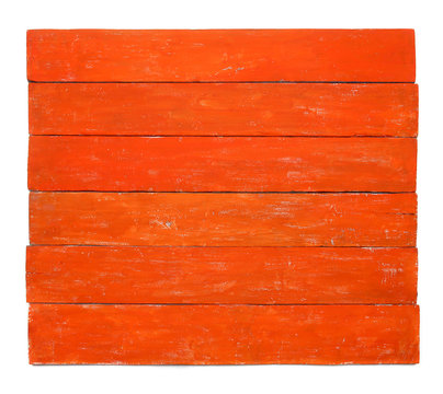 Grunge red orange wood board isolated on white background. Surface of aged red wooden planks, top view.