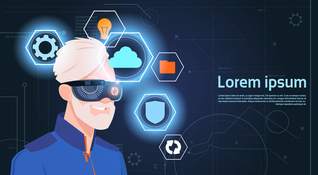 Virtual Reality Concept Portrait Of Senior Man Wearing Vr Headset Glasses Digital Goggles Flat Vector Illustration