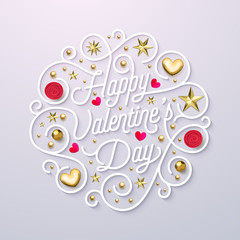 Valentine Day greeting card gold calligraphy text design template. Vector Happy Valentines Day gold ornate lettering and golden glitter heart and star confetti decoration on white background