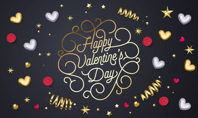 Fototapeta na wymiar Happy Valentines Day greeting card golden calligraphy text design template. Vector golden glitter heart and star confetti decoration, Valentine Day gold ornate lettering on black background