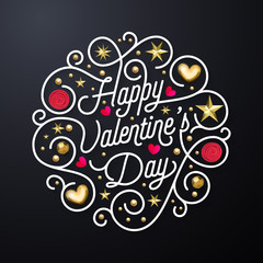 Valentine Day greeting card gold calligraphy text design template. Vector Happy Valentines Day gold ornate lettering and golden glitter heart and star confetti decoration on black background