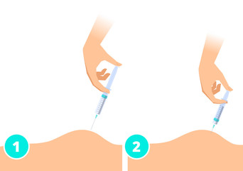 A doctor makes an intramuscular injection. Hand with syringe injects the medicine into the patient's muscle. Science, treatment, therapy, vaccination and health care vector flat concept illustration.