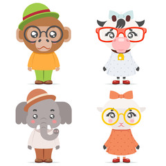 Sheep cow monkey ape elephant cute animal boy girl cubs mascot cartoon icons set flat design vector illustration