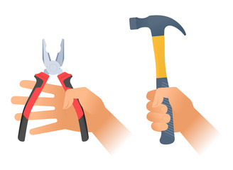 Human hand holds a pair of pliers with red plastic handles and hummer with plastic handle. Flat illustration of repair and builder hand tools. Vector design elements isolated on white background.