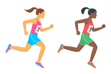 Fototapeta na wymiar The running school girls in the shirts and shorts. Active caucasian and afro american teenagers in sportswear. Sport, jogging, workout, competition concept. Flat vector illustration isolated on white.