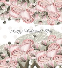 Sweet Valentine day card with rose paper flowers. Vector Retro style backgrounds