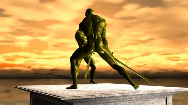 Statue in metallo. Combattimento con spade su uno sfondo di nuvole aimate.