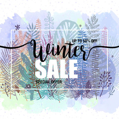 poster winter sales on a floral watercolor background. Card, label, flyer, banner design element. Vector illustration