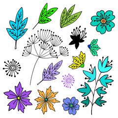 Floral design set with cute abstract flowers and leaves in hand drawn doodle style. Summer or spring design elements isolated on white background 