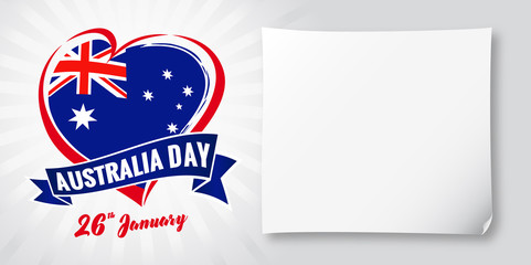 Australia day 26 January, flag and heart banner. Vector illustration for 26th january Happy Australia day lettering banner with heart national flag and text on stripes background