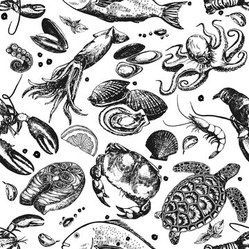 Seamless pattern of hand drawn sketch style seafood. Vector illustration isolated on white background.