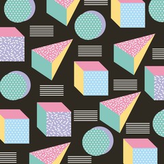 Obraz premium memphis style seamless pattern geometric icons black background vector illustration